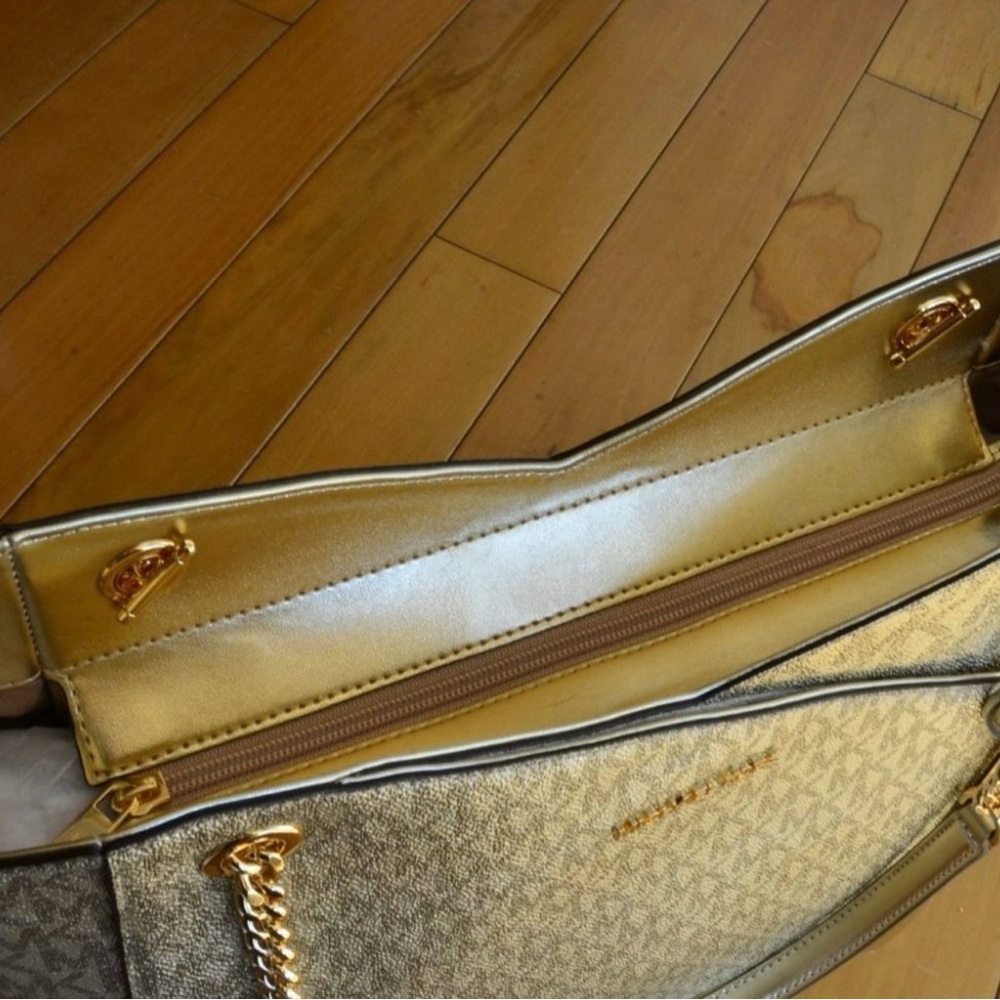 Michael Kors Beige Logo Tote with Gold Chain Straps - Picture 6 of 9